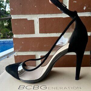 BCBGeneration BLACK SUEDE HEELS — CLEAR PUMPS